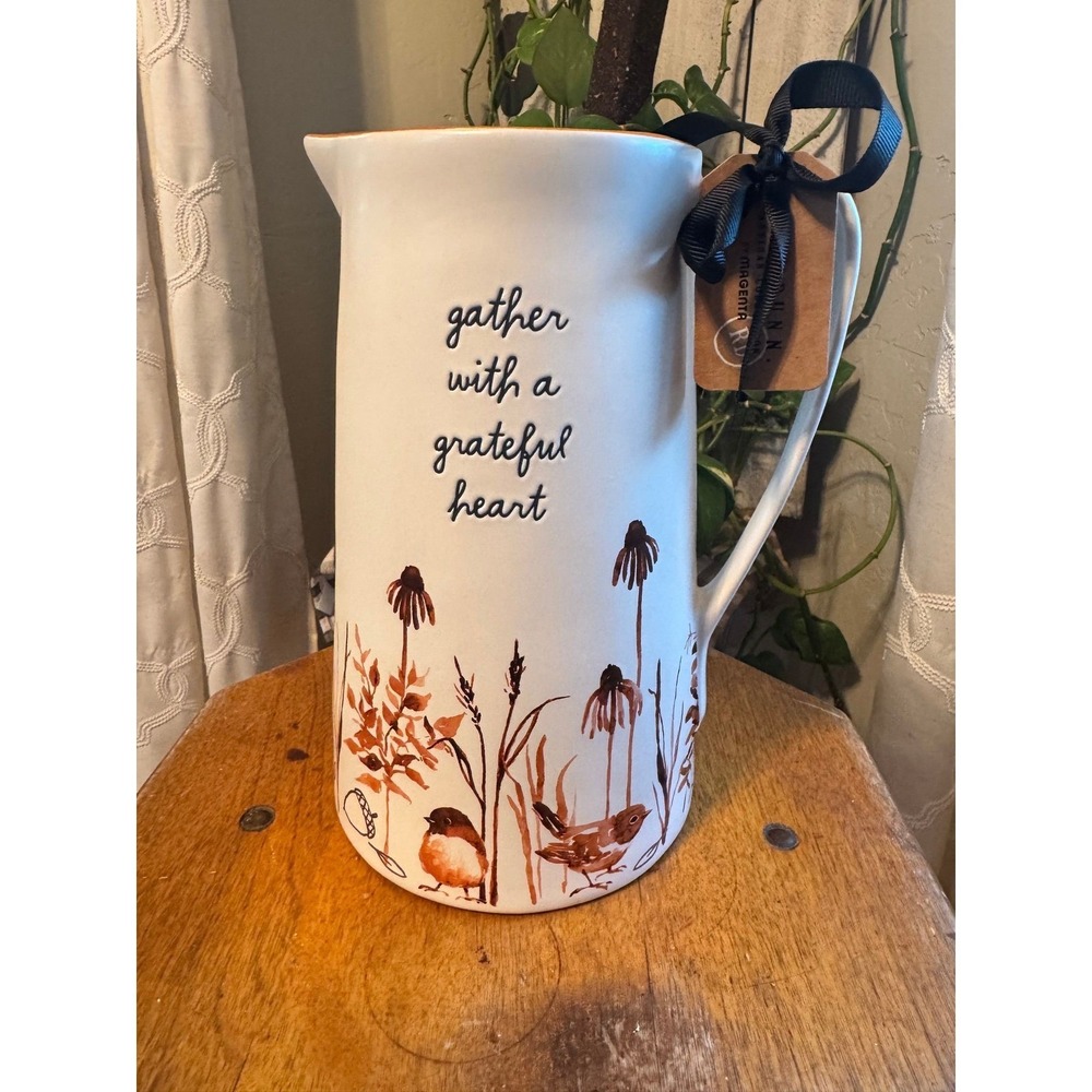 Rae Dunn Pitcher "gather with a grateful heart" bird acorn Autumn Thanksgiving